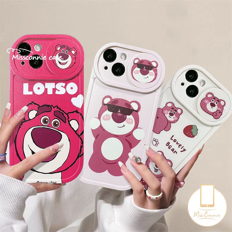 Creative Push Pull Window Camera Lens Protector Case Compatible for IPhone 11 XR 11 13 12 11 Pro Max 7Plus 8Plus X XS Max Cartoon Lovely Strawberry Bear Lotso Cover