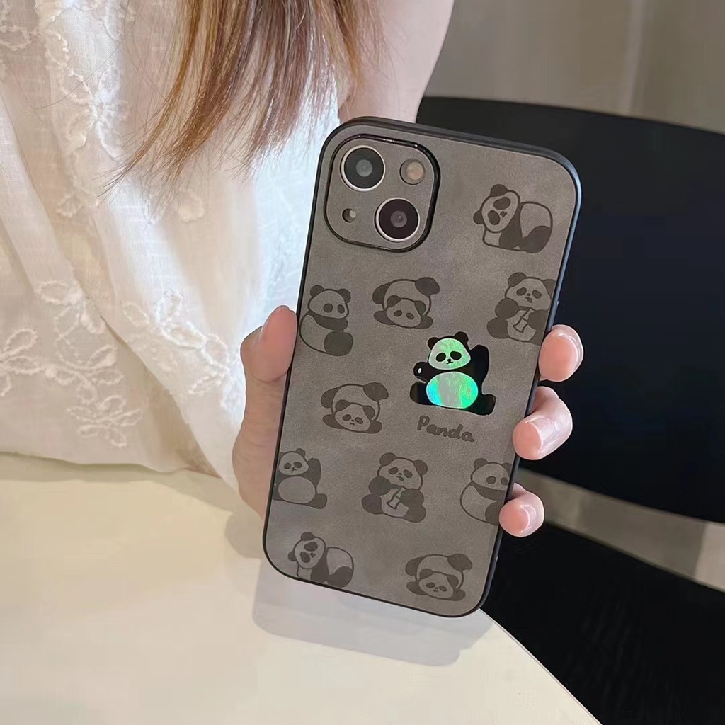 【Gradient Laser】So Cute China Panda Soft Bumper Hard Case IPhone 11 12 13 14 Pro Max Camera Protect for Girl Women Man Men's Fashion Gift Black Gray Cartoon Phone Case