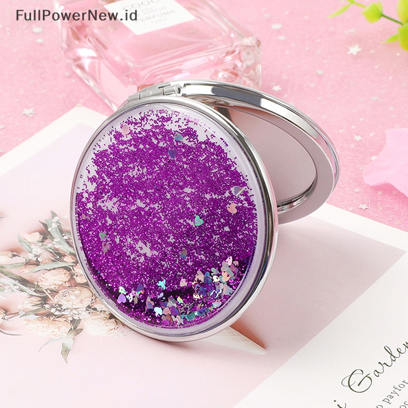 Power Cermin Saku Kosmetik Lipat Dua Sisi Portable Dengan Pasir Berkilau Mengalir ID