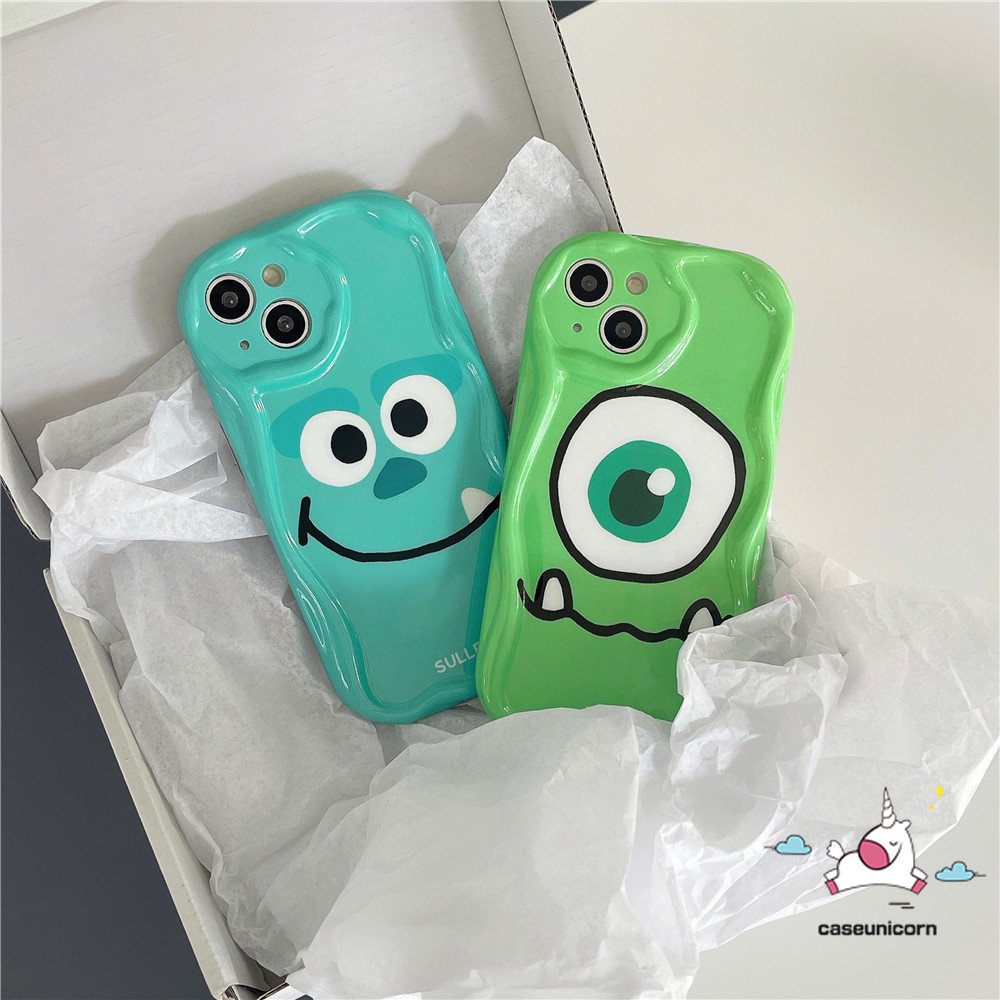 Untuk Oppo A16 A17 A12 A57 A5s A55 A54 A54s A3s A7 A15 A31 A16s A95 A17k A77 A74 A1k A92 A9 A16K A96 A16E A53 A52 A77s A76 Hijau Kartun Monster Kecil Lembut 3D Bergelombang Lengkung Tepi Case