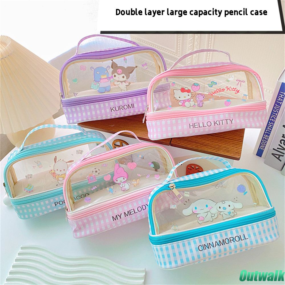 ღ Sanrio Tempat Pensil Lapisan Ganda Kuromi Pochacco Melody Tas Pensil Portabel Pvc Kapasitas Besar Tas Penyimpanan Transparan Lucu Tiga Dimensi