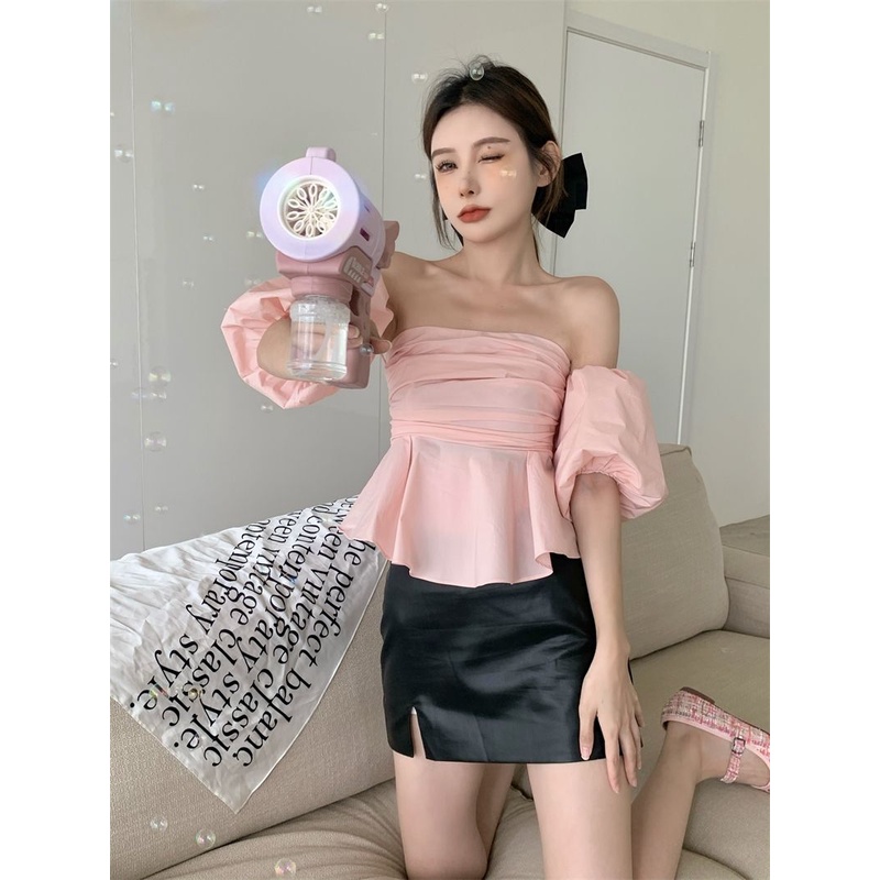 Blouse Wanita Off Shoulder Puff Lengan Pendek Polos Lipatan Crop Top