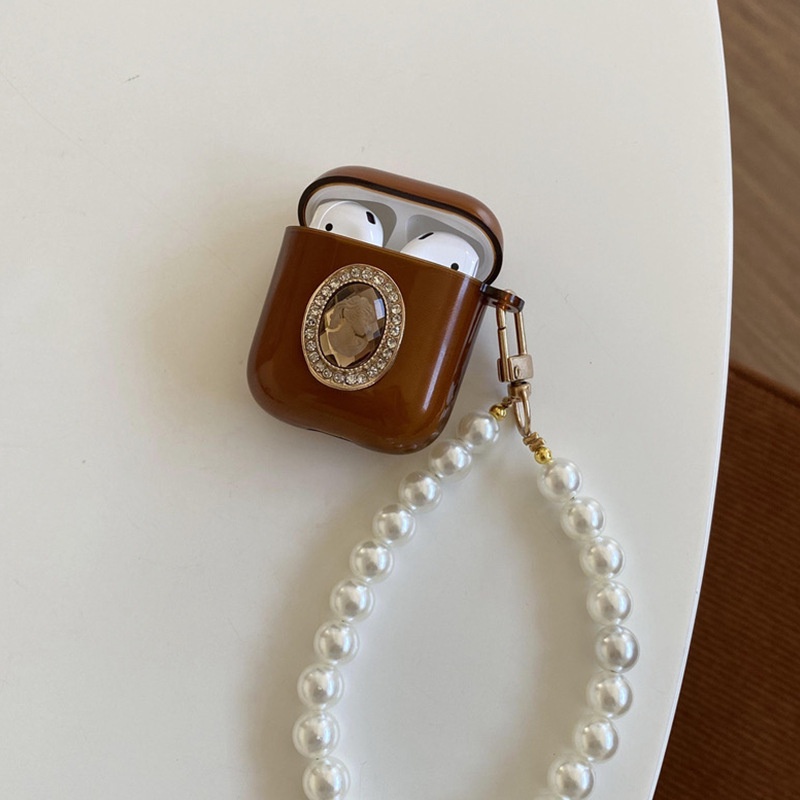 Desain Sederhana Transparan Coklat Nirkabel Bluetooth Earphone TPU Case Cover Dengan Oval Imitasi Batu Permata Mutiara Manik-Manik Rantai Lembut Pelindung Untuk Airpods1 2 3 PRO PRO2