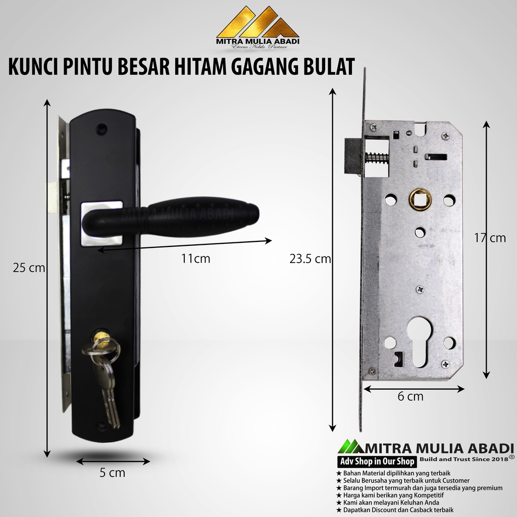 KUNCI PINTU BESAR HITAM KOTAK GAGANG BULAT / HANDLE PINTU / KUNCI PINTU HITAM