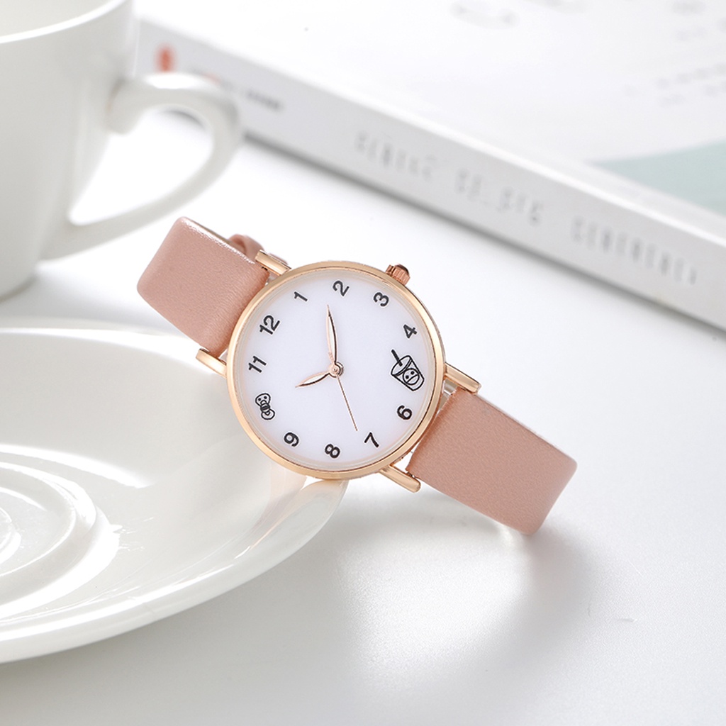 ❤️GTB❤️ Jam Tangan Casual Gaya Retro Korea Boba Untuk Wanita Strap PU / Jam Tangan Wanita Casual JT060