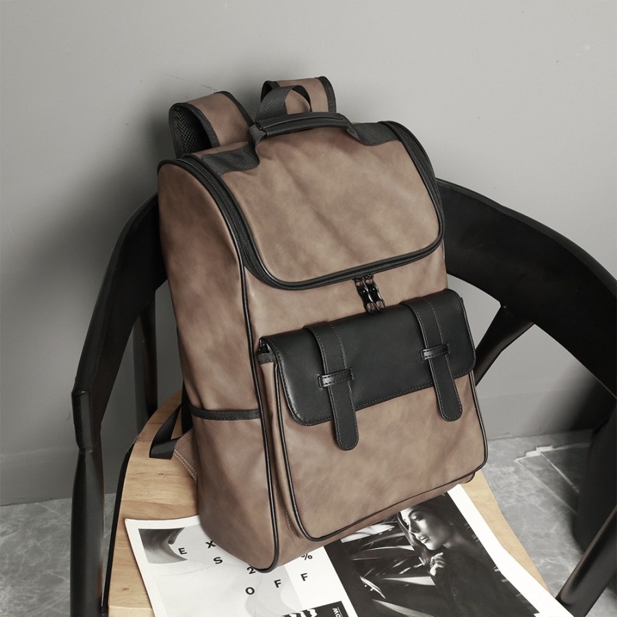 [TERLARIS] Tas Ransel Kulit Pria Backpack Kulit Tas Sekolah Kulit HOOK KHAKI LX_Store