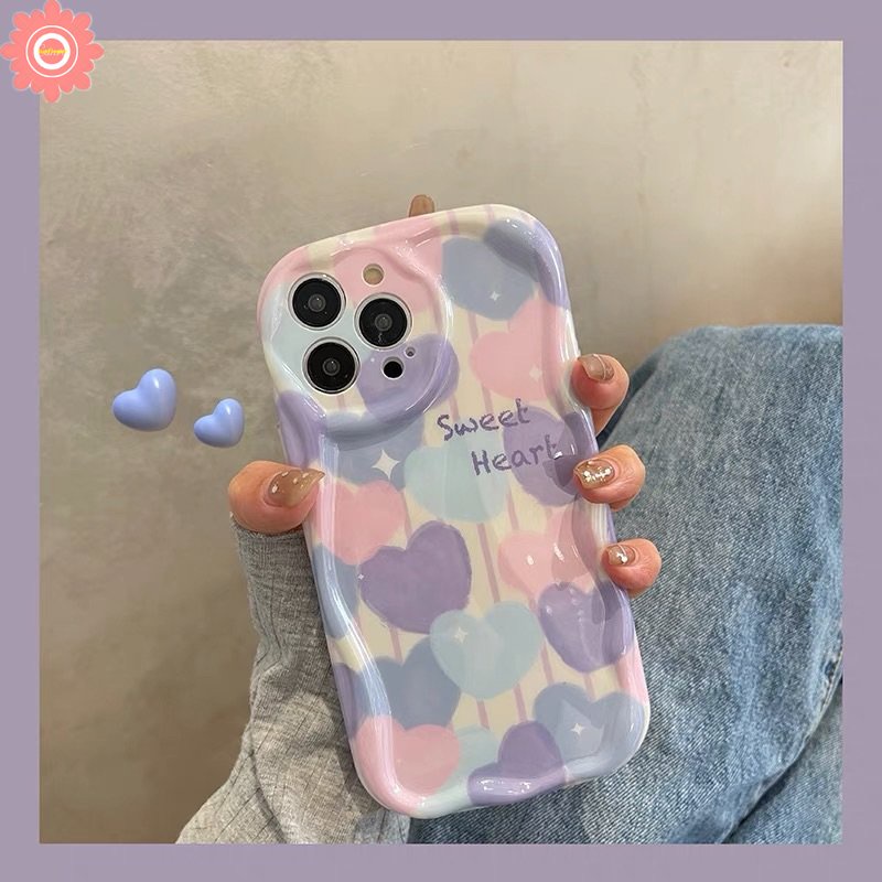 IPHONE Ins Lukisan Cat Minyak Cinta Hati Casing Kompatibel Untuk Iphone11 13 12 14 Pro Max XR 7plus 6s 6 7 8 Plus X XS Max SE 2020 3D Wavy Curved Edge Soft Tpu Shockproof Airbag Glossy Case