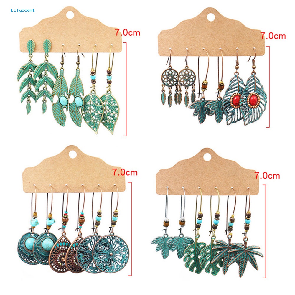 Lilyscent 3pasang Wanita Berongga Daun Teardrop Bulat Menjuntai Ear Stud Hook Earrings Perhiasan