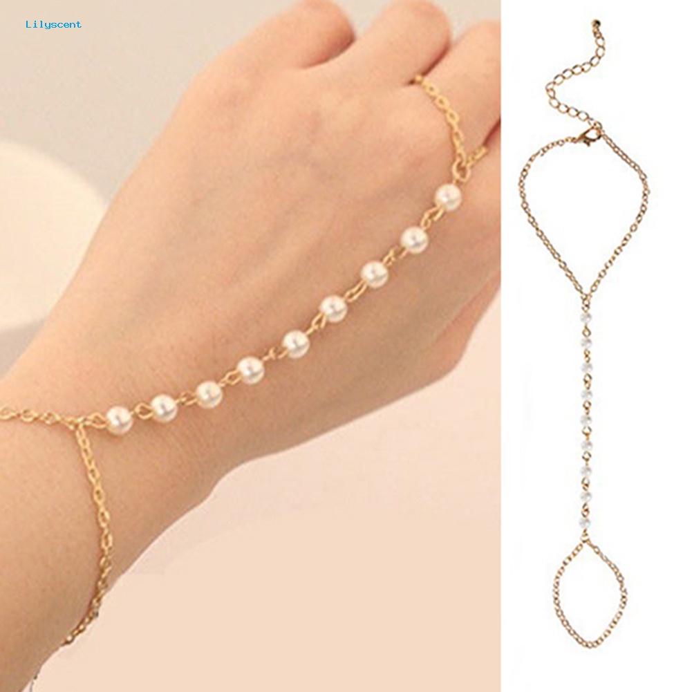 Lilyscent Wanita/'s Fashion Faux Pearl Gelang Link Jari Cincin Tangan Rantai Harness Perhiasan