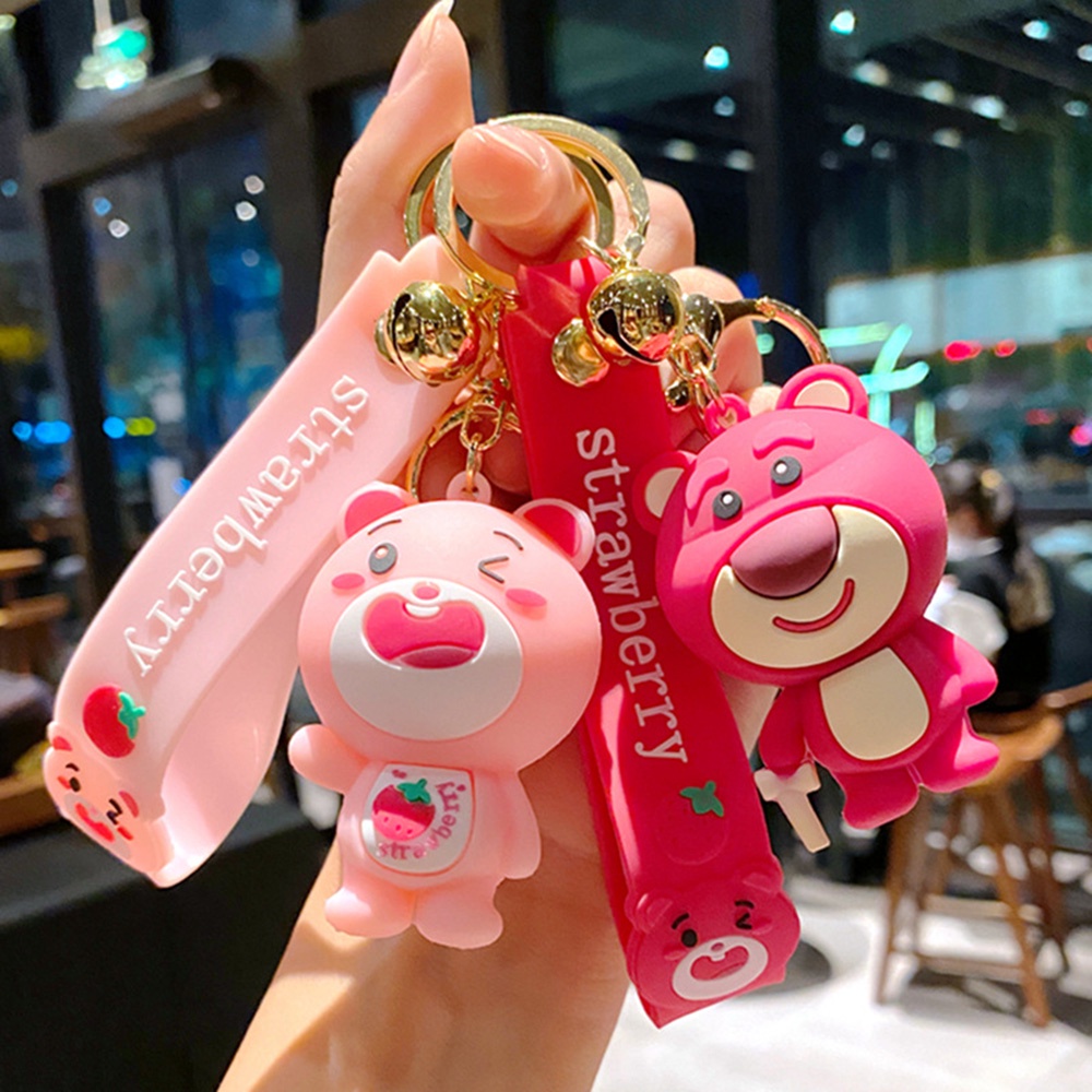 Lucu Indah Pink Strawberry Bear Gantungan Kunci Tas Mobil Liontin Keyring Aksesoris Pasangan Hadiah Kecil