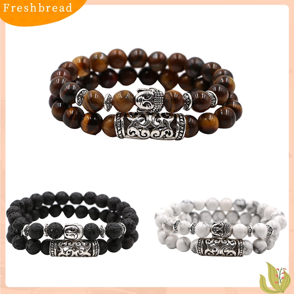 &lt; Freshbread &gt; Fashion 2 Pcs Batu Alam Yoga Perhiasan Unisex Buddha Kepala Manik-Manik Gelang Set