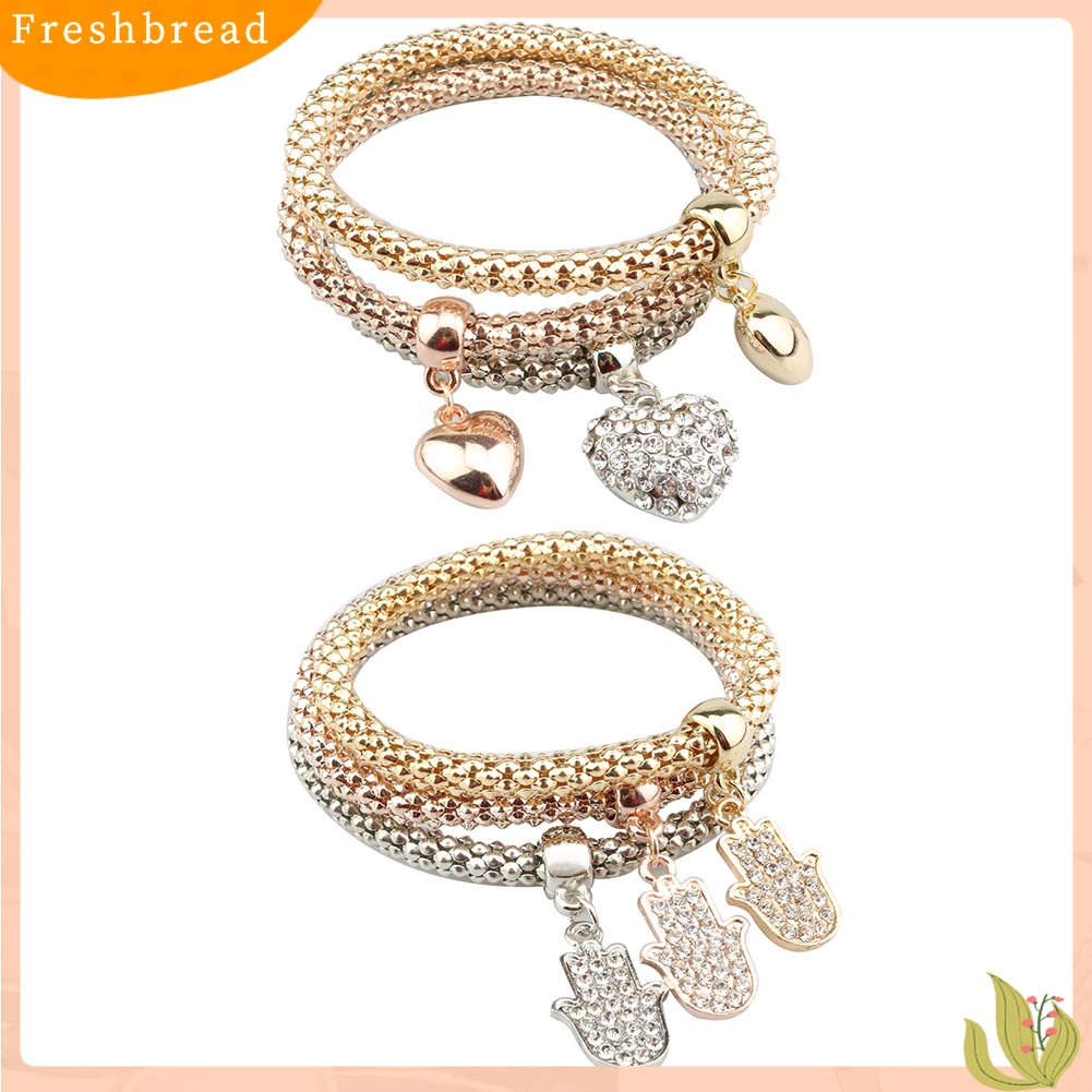 &lt; Freshbread &gt; 3Pcs/Set Berlian Imitasi Jantung Tangan Fatima Pesona Rantai Jagung Lady Gelang Bangle