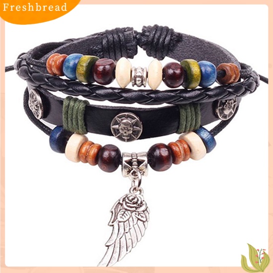 &lt; Freshbread &gt; Unisex Vintage Multilayer Faux Leather Wing Charm Wooden Beads Gelang Bangle