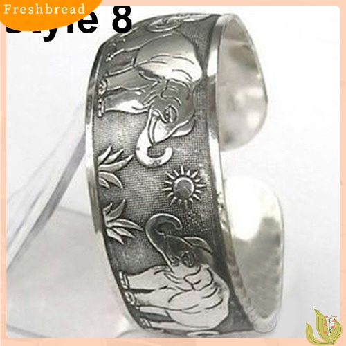 &lt; Freshbread &gt; Vintage Tibet Perak Gajah Diukir Terbuka Bangle Cuff Lebar Gelang Perhiasan