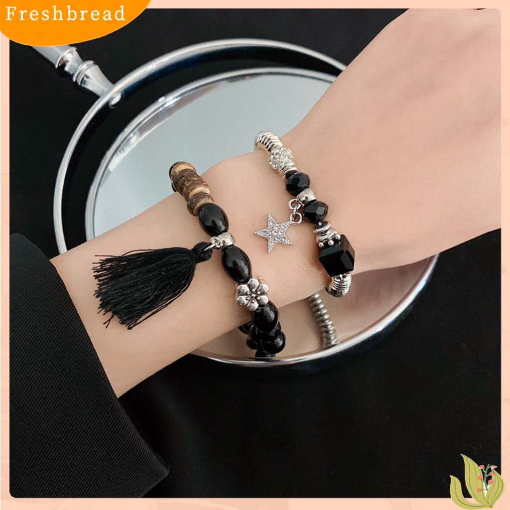 &lt; Freshbread &gt; 2Pcs/Set Couple Gelang Gaya Etnik Manik-Manik Elastis Berlian Imitasi Bintang Liontin Hadiah Elegan Adjustable Kristal Imitasi Jumbai Pria Gelang Fashion Perhiasan