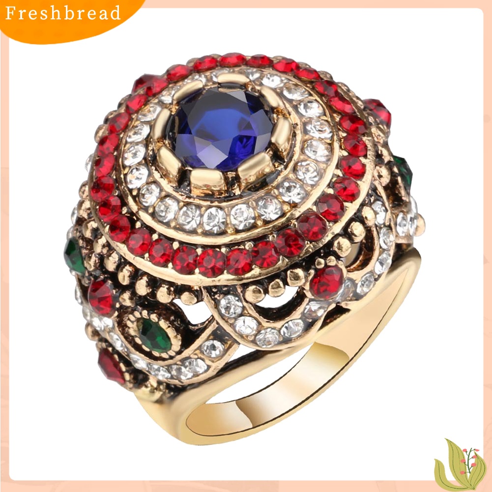 &lt; Freshbread &gt; Wanita Mewah Bulat Warna-Warni Berlian Imitasi Bertatahkan Jari Cincin Pesta Perhiasan Hadiah