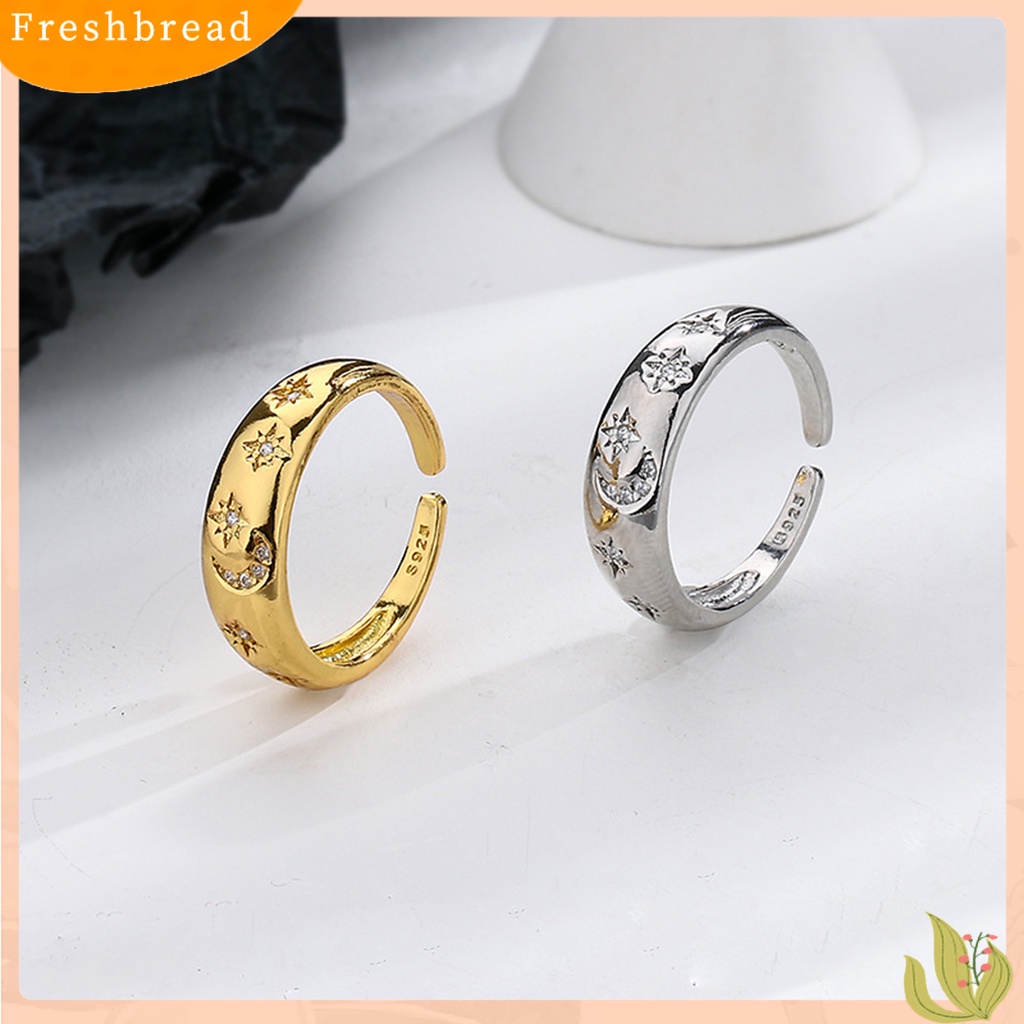 &lt; Freshbread &gt; Cincin Janji Ukiran Halus Zirkon Imitasi Bertatahkan Desain Pembukaan Kilau Terang Electroplating Dekorasi Pengerjaan Halus Fashion Cincin Bulan Bintang Sederhana Untuk Anniversary