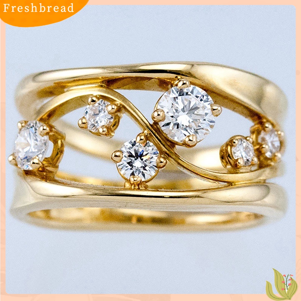 &lt; Freshbread &gt; Wanita Logam Zirkon Bertatahkan Cincin Elegan Geometris Bentuk Gelombang Circlet Perhiasan Hadiah