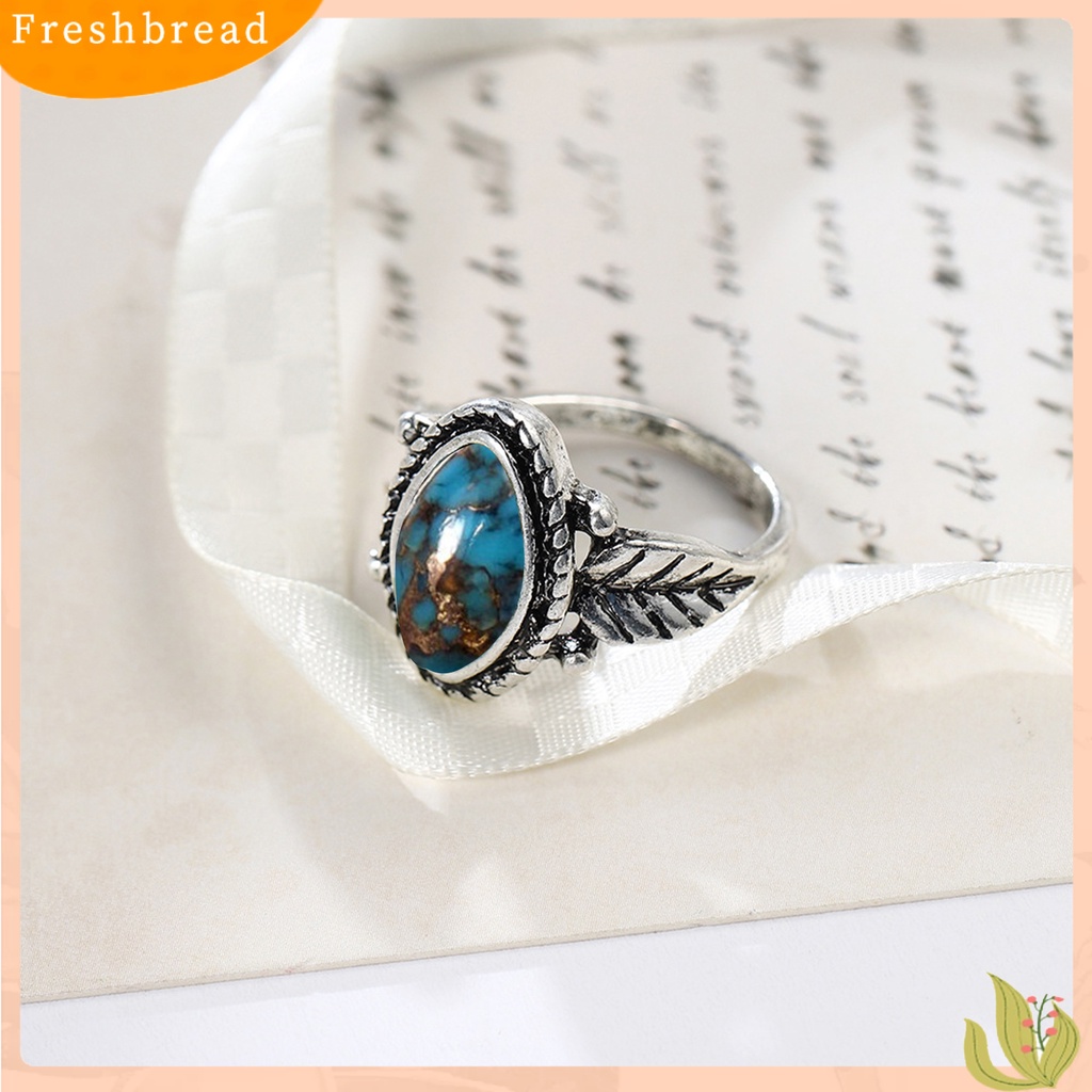 &lt; Freshbread &gt; Wanita Cincin Indah Imitasi Pirus Portabel High-end Vintage Hias Anti Karat Bentuk Daun Unisex Pria Buku Jari Cincin Hadiah Ulang Tahun