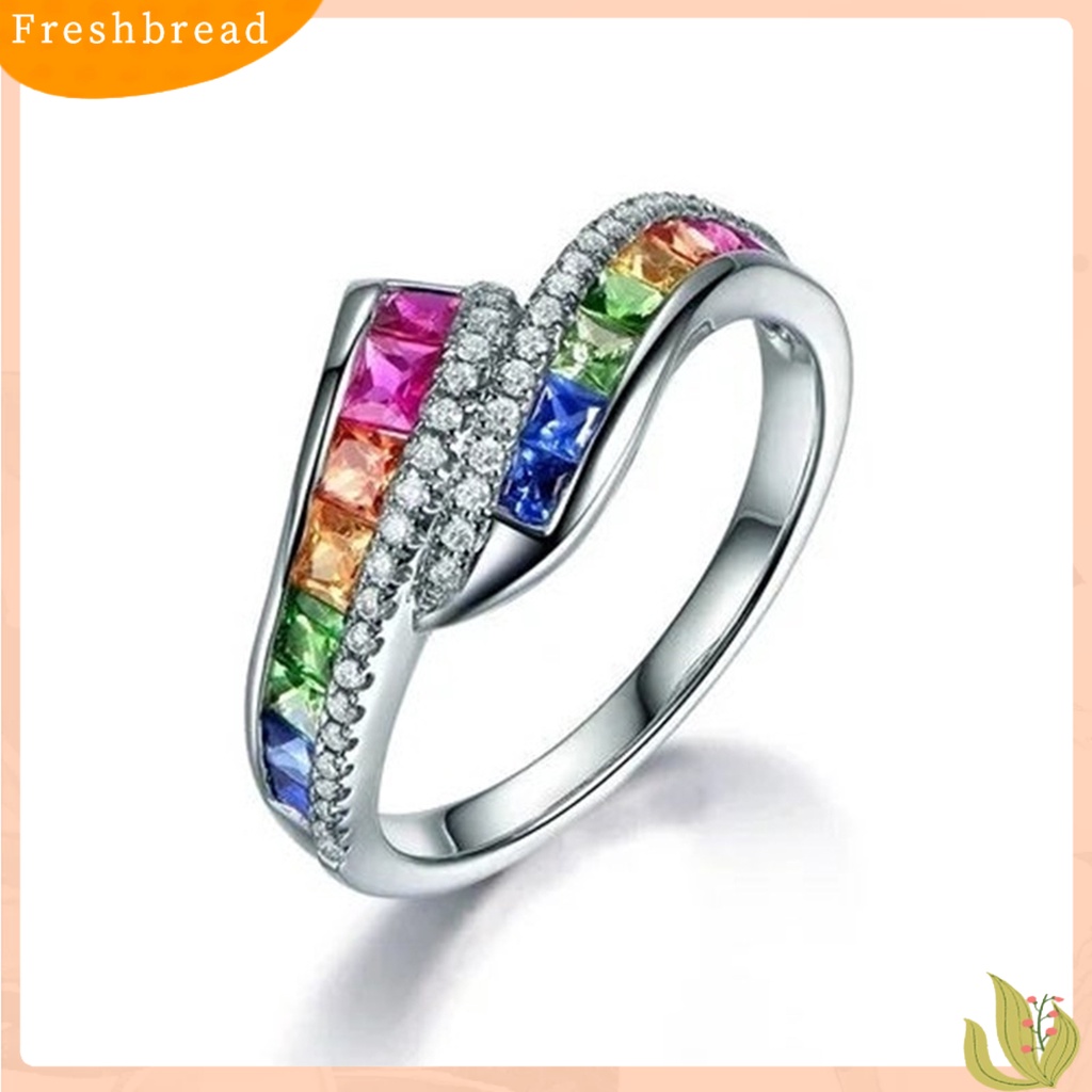 &lt; Freshbread &gt; Wanita Cincin Berlian Imitasi Mengkilap Hias Berkilau Geometris Electroplating Dekorasi Hadiah Rainbow Berwarna Faux Gemstone Party Ring Jewelry Untuk Pacaran