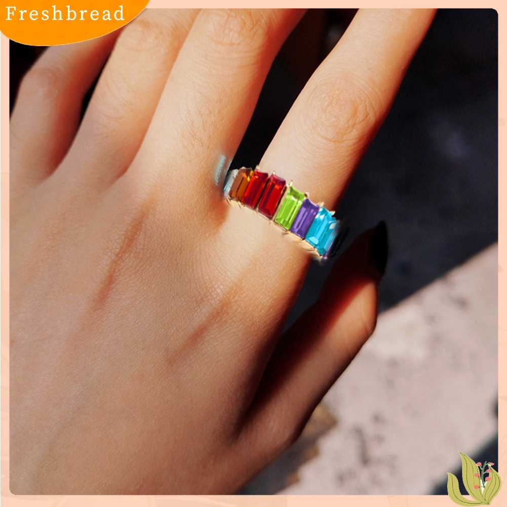&lt; Freshbread &gt; Wanita Persegi Panjang Pelangi Berlian Imitasi Bertatahkan Jari Cincin Pesta Perhiasan Aksesori