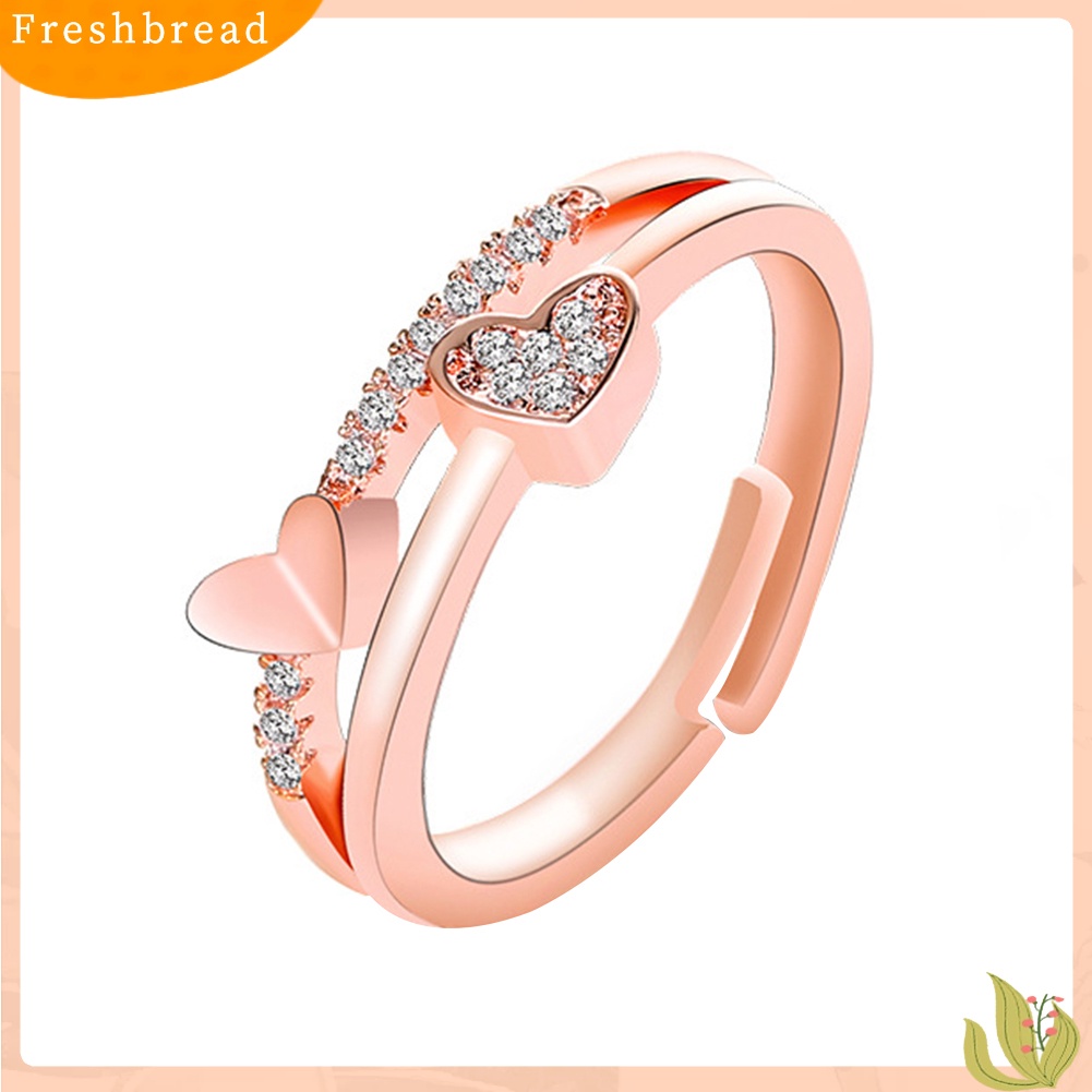 < Freshbread > Wanita Fashion Berlian Imitasi Bertatahkan Hati Ganda Berongga Band Pembukaan Cincin Perhiasan