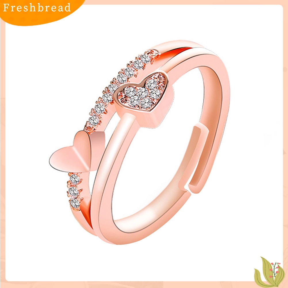 &lt; Freshbread &gt; Wanita Fashion Berlian Imitasi Bertatahkan Hati Ganda Berongga Band Pembukaan Cincin Perhiasan