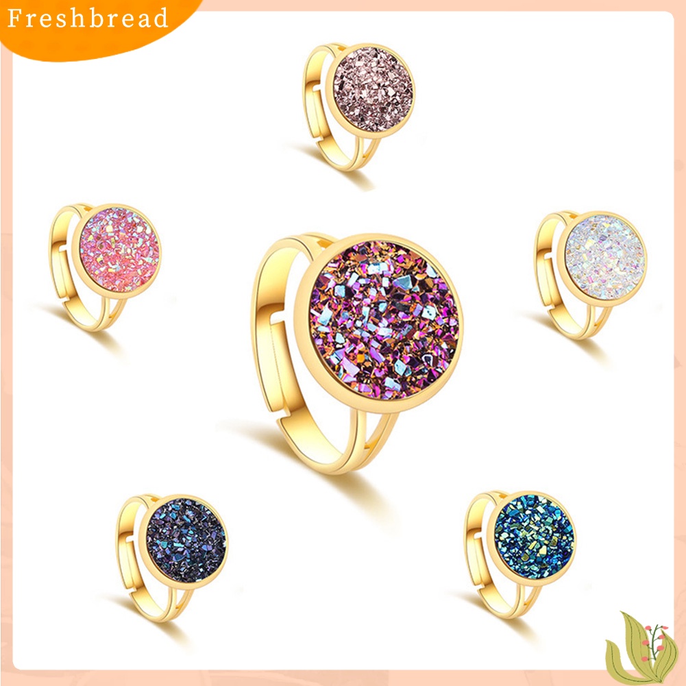 &lt; Freshbread &gt; Fashion Wanita Bulat Pelangi Druzy Terbuka Jari Cincin Adjustable Pesta Perhiasan Hadiah