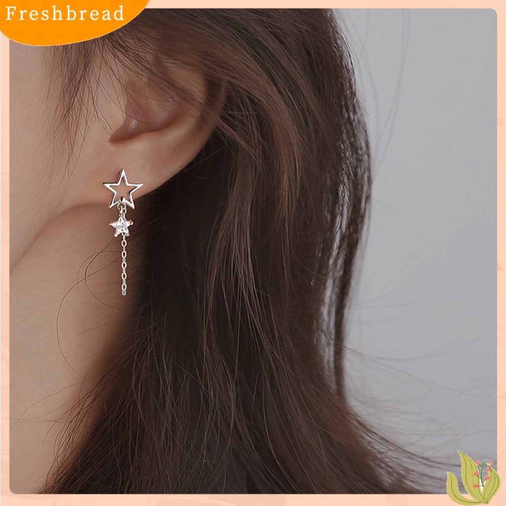 &lt; Freshbread &gt; 1pasang Ear Studs Rantai Bintang Berongga Rumbai Tidak Teratur Warna Emas/Perak Cubic Zirconia Tertanam Bintang Drop Anting-Anting Perhiasan Fashion