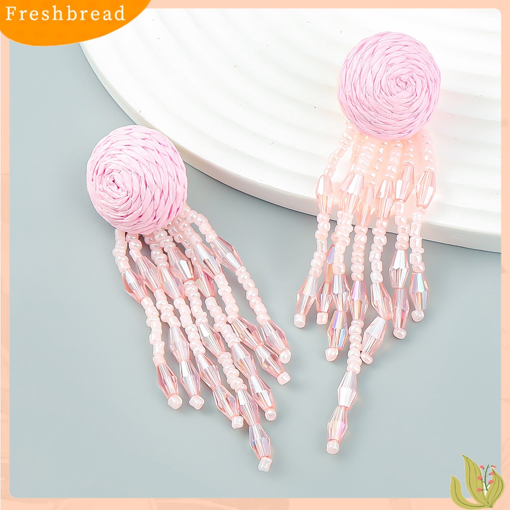 &lt; Freshbread &gt; 1pasang Anting Wanita Warna Kontras Berlebihan Ringan Tahan Lama Portabel Kepala Bulat Dikepang Rumbai Manis Menjuntai Anting-Anting Lady Earrings Jewelry