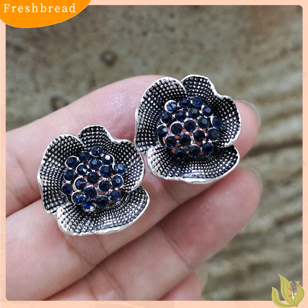 &lt; Freshbread &gt; Vintage Wanita Berlian Imitasi Hias Bunga Mawar Bentuk Stud Earrings Perhiasan Hadiah