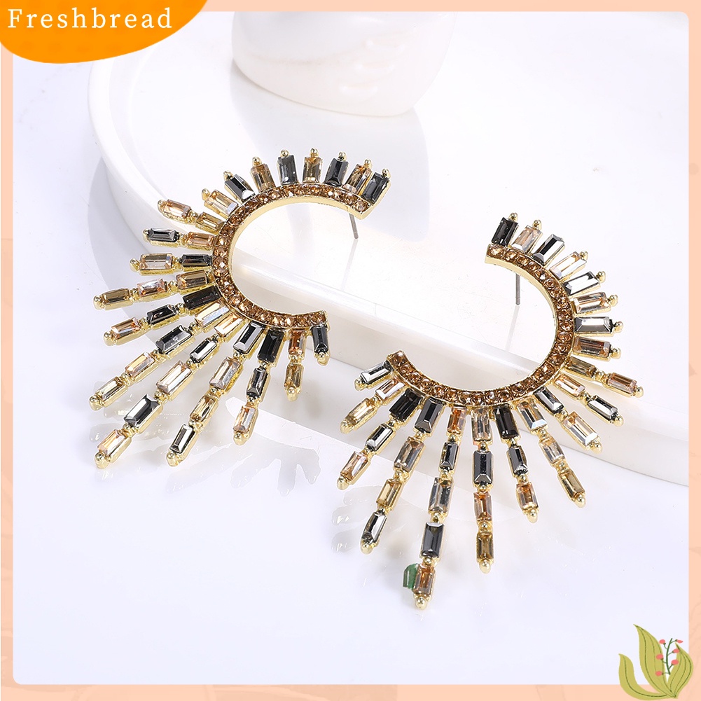 &lt; Freshbread &gt; Wanita Fashion C Bentuk Bunga Matahari Tidak Teratur Berlian Imitasi Stud Earrings Jewelry