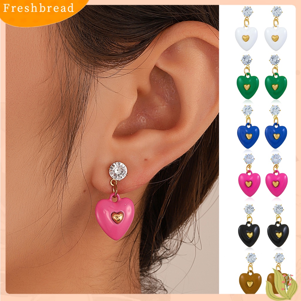 &lt; Freshbread &gt; 1pasang Anting Wanita Hati Cubic Zirconia Perhiasan Tetes Minyak Warna Cerah Menjuntai Anting Hadiah Ulang Tahun