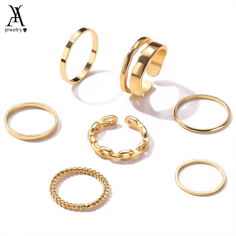 AY(CN) 7pcs / Set Cincin Warna Emas / Silver Gaya Korea Untuk Wanita