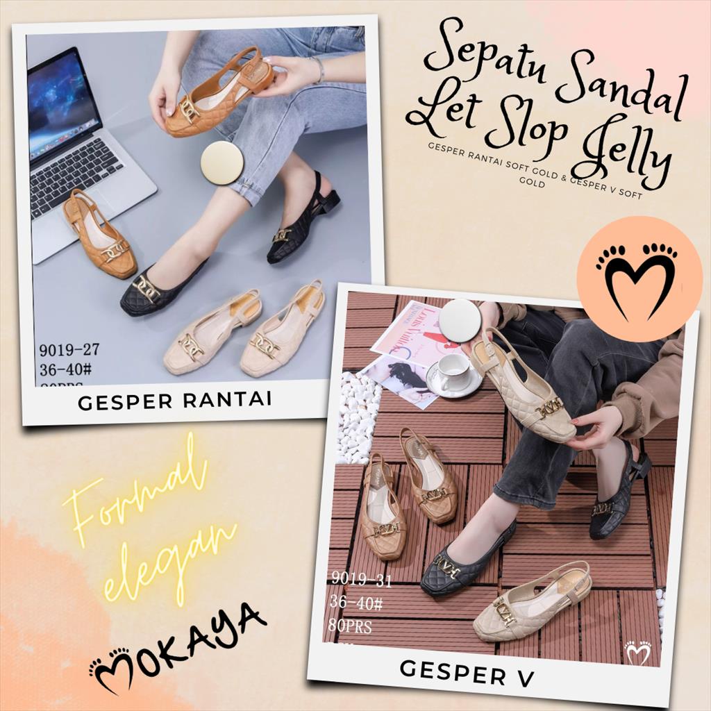 (9019-31/9019-16) Sepatu Sandal Let Slop Jelly Wanita Gesper Rantai dan Gesper V Soft Gold Ada Sedikit Hak Cantik Formal Simple Elegant Import Mokaya / Size 36-40