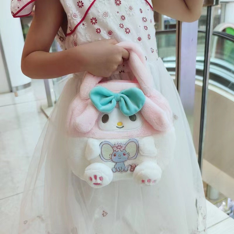 TAS KARAKTER BONEKA ANAK MELODI LOTSO PACHA HELLO KITTY KUROMI LUCU Bahan Bulu Bludru Plush Toy Doll Fluffy Fur Sling Bag Gemoy Kekinian