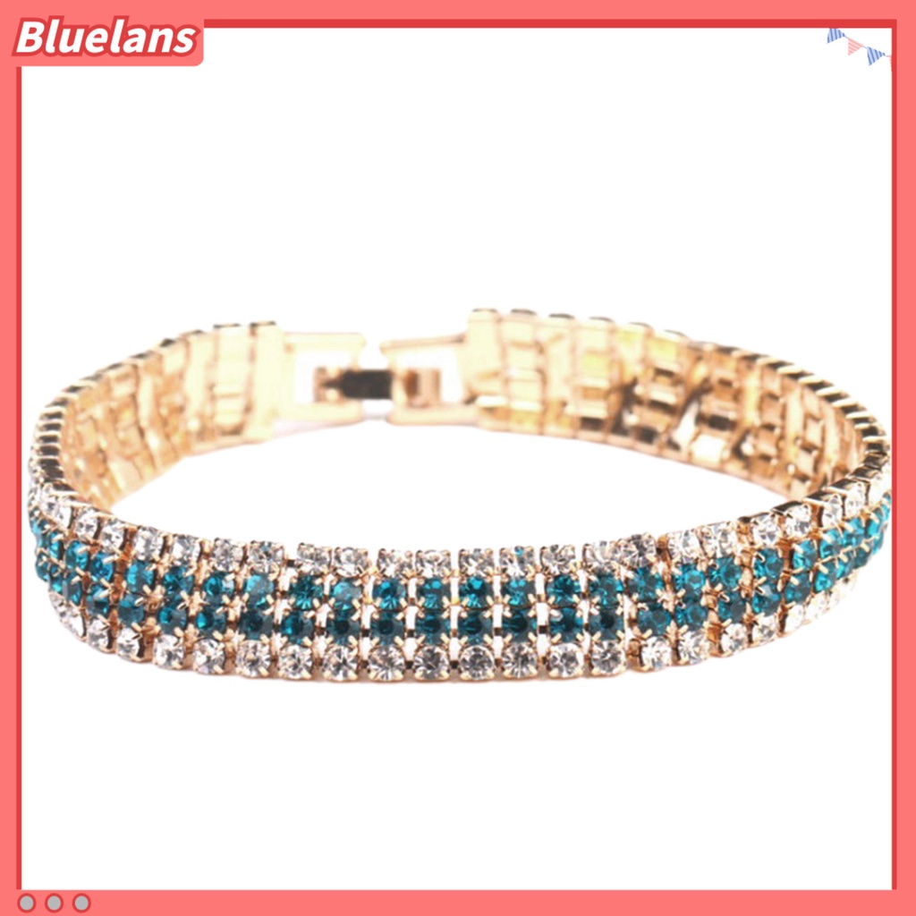 {In Stock} Berlian Imitasi Mewah Wanita Gelang Tembaga Mengkilap Empat Baris Rantai Gelang Perhiasan Aksesori