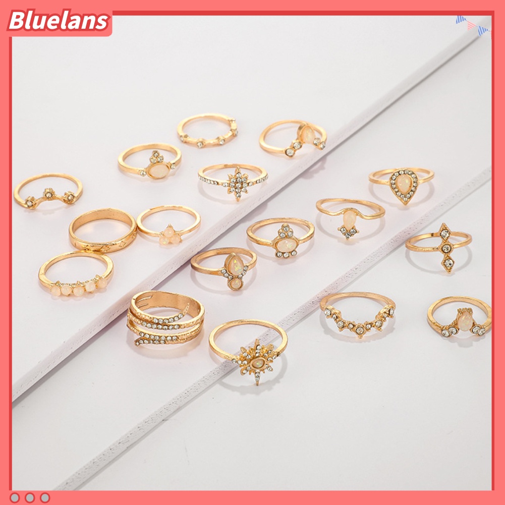 {In Stock} 17Pcs/Set Bohemian Wanita Berlian Imitasi Hias Bunga Jari Cincin Pesta Perhiasan Hadiah