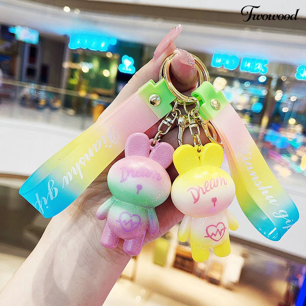 Twowood Rabbit Keychain Warna Gradien Cinta Hati 3D Boneka Silikon Hewan Lucu Bunny Car Key Ring Liontin Mahasiswa Ransel Ornamen
