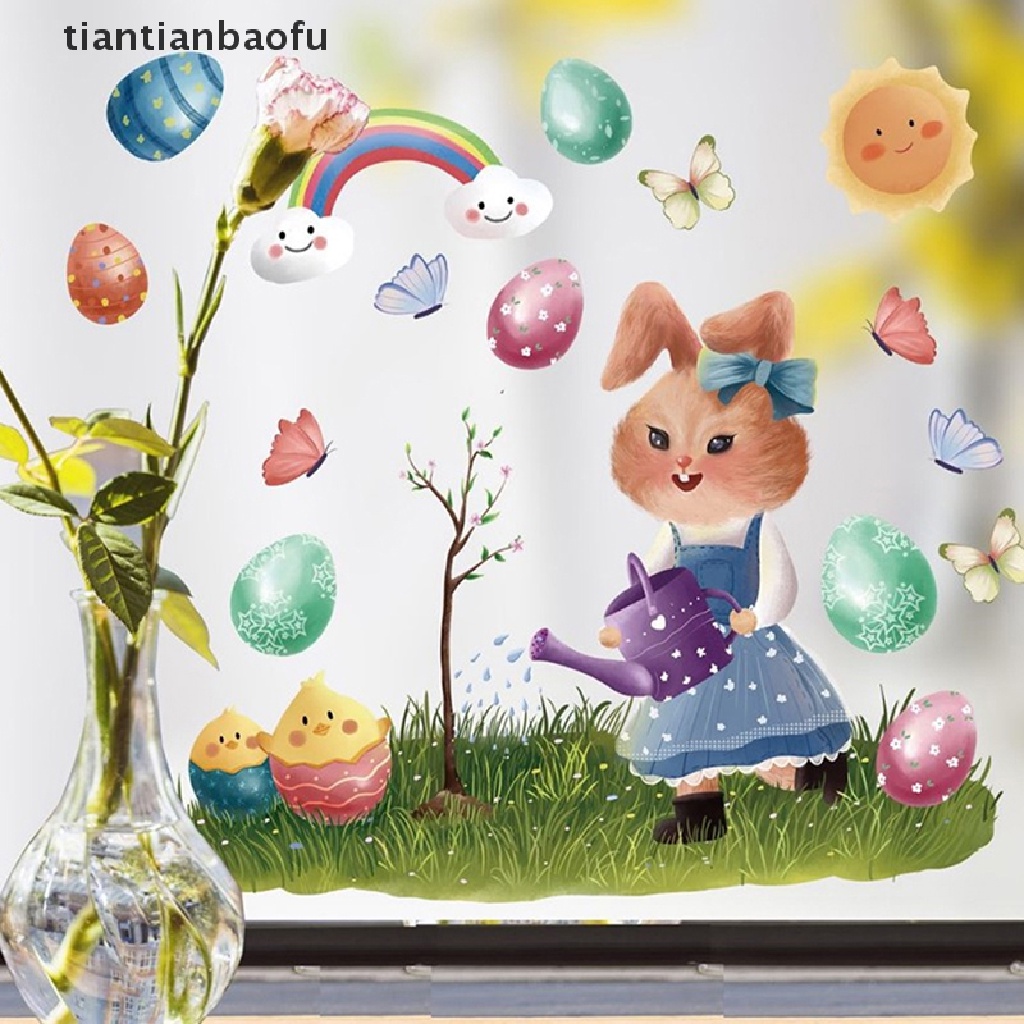 [tiantianbaofu] 1pc Happy Easter Stiker Jendela Kaca Warna Warni Bunny Eggs Wall Decal 20x30cm Butik