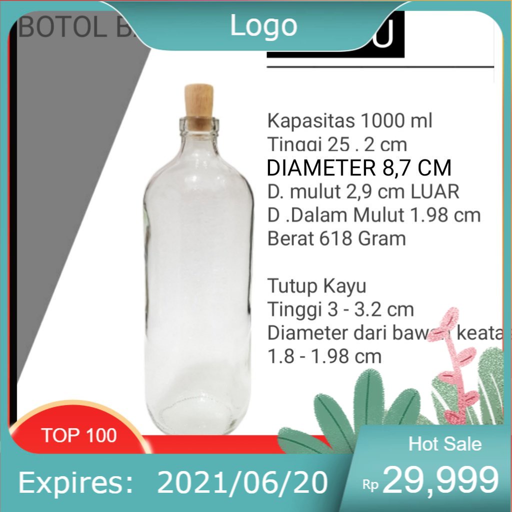 Botol Kaca Baru 1 Liter + Tutup plug / Botol Bensin 1 liter + tutup / BOTOL JUS JAMU 1 LITER  KACA
