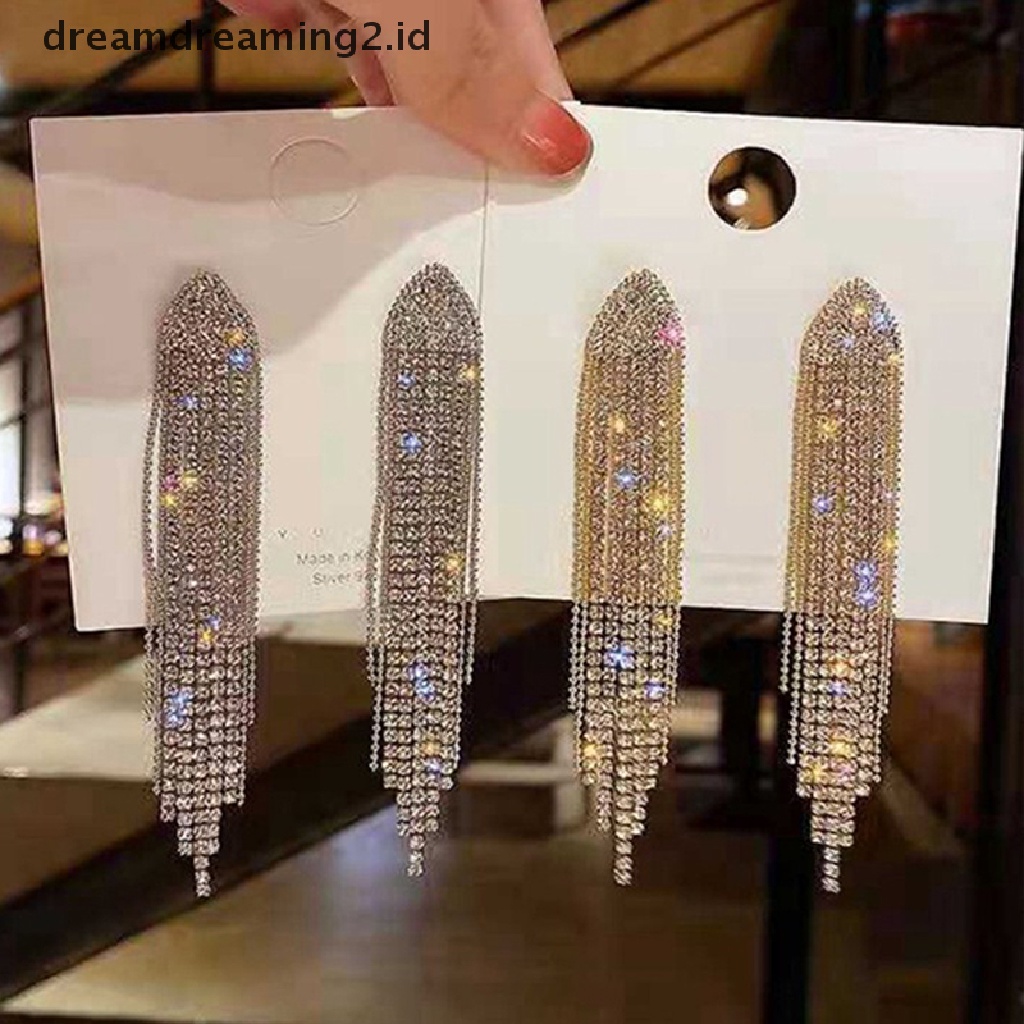 (hot) Rumbai Panjang Penuh Berlian Imitasi Drop Anting Untuk Wanita Ovsize Kristal Menjuntai Anting Fashion Perhiasan Aksesoris//