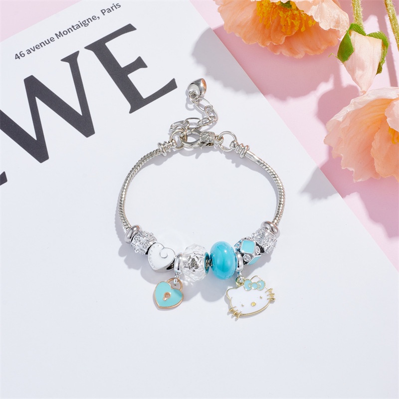 XiaoboACC Stainless Steel Rantai Ular Kartun Kucing Cinta Liontin Terbuka Adjustable Manik-Manik DIY Gelang
