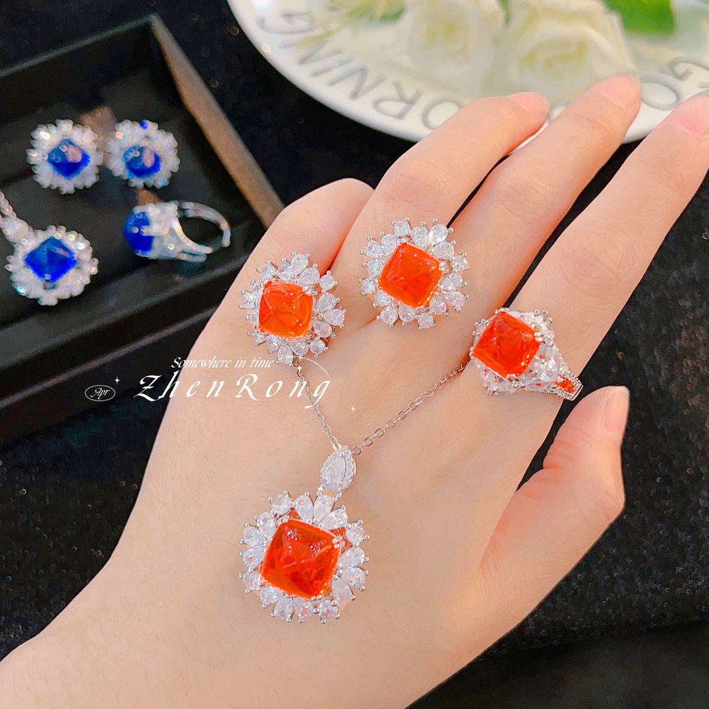 Goldkingdom Aksesoris Perhiasan Fashion Ready Stock Sederhana Menara Gula Set Anting Royal Biru Liontin Kalung Zamrud Cincin Ruby