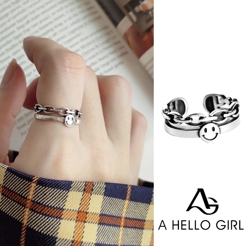 Cincin Open Ring Adjustable Desain Smiley Face Warna Silver Untuk Pria / Wanita