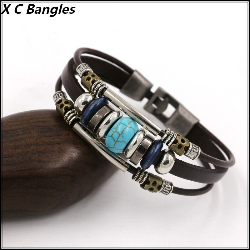 [X C Gelang] Baru Pirus Gelang Etnik Hitam Kulit Vintage Hip Hop Punk Gelang Kulit Lengan Manik-Manik Multilayer Zinc Alloy Anyaman Gelang