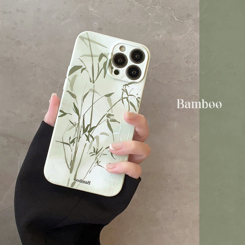 IPHONE Lukisan Kuas Gaya China Bambu Hijau Pelindung Lensa Kamera Phone Case Covers Untuk Iphone11 12 13 14 PLUS PRO MAX