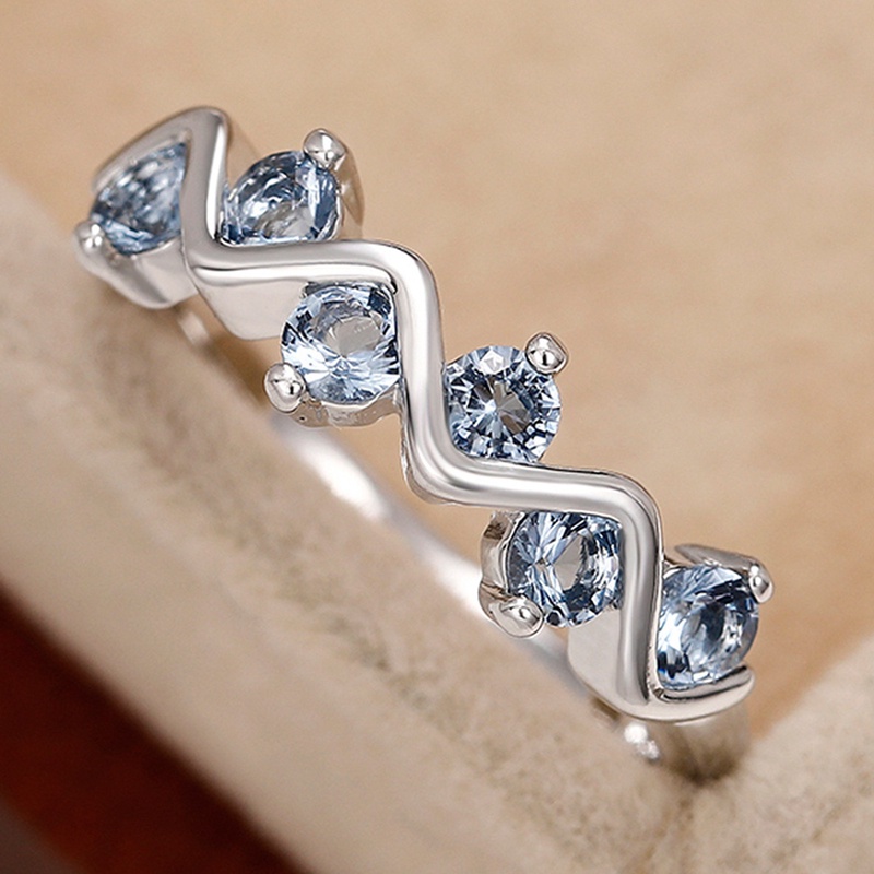 Round Blue Cubic Zirconia Warna Silver Finger-Ring Untuk Wanita Temperamen Perempuan Pesta Pernikahan Fashion Perhiasan