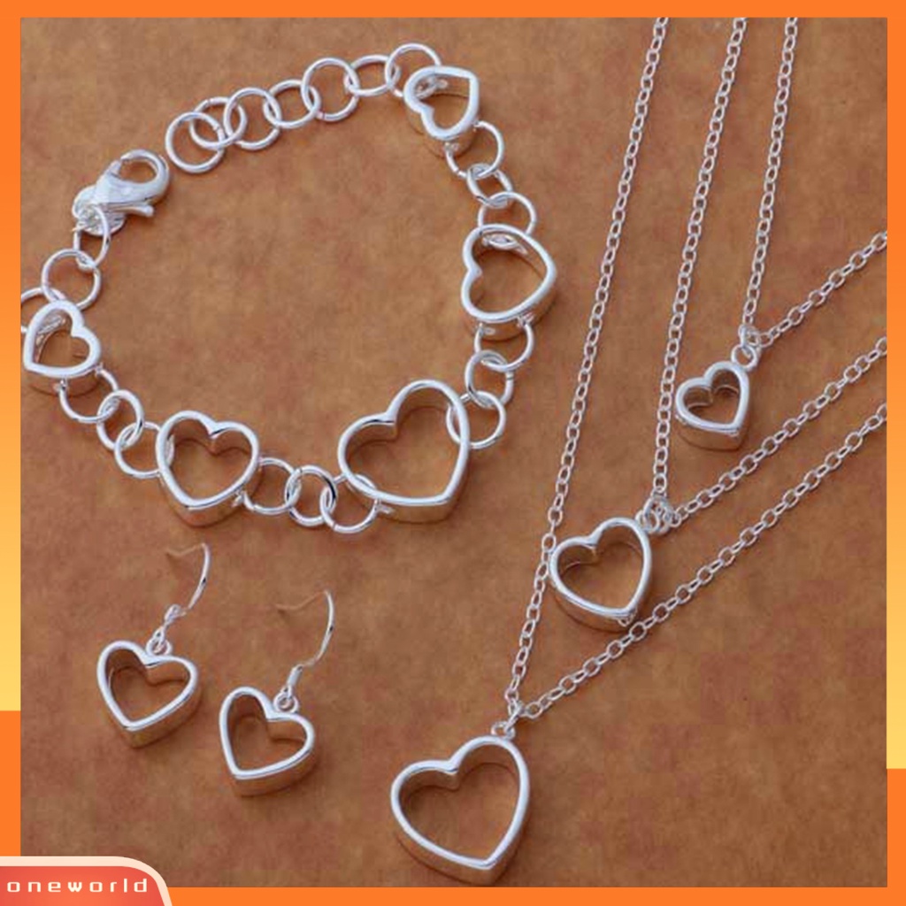 [ONE] 3 Pcs/Set Perhiasan Wanita Set Semua Pertandingan Pengerjaan Halus Menarik Trendi Indah Dress Up Paduan Bentuk Cinta Kalung Gelang Anting Hadiah Anniversary