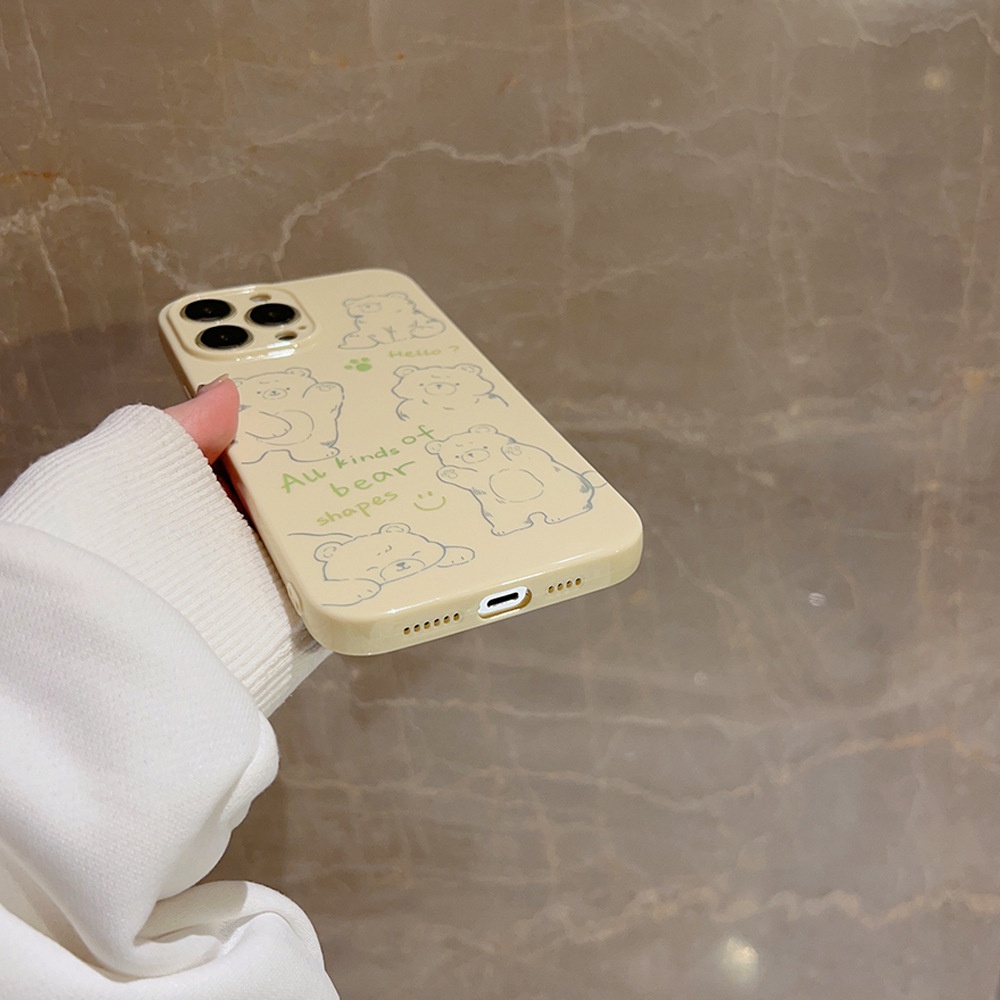 IPHONE Cute Doodle Dancing Bear Kartun Cream Kuning Perlindungan Penuh Casing Ponsel Cover Untuk Iphone11 12 13 14 PLUS PRO MAX